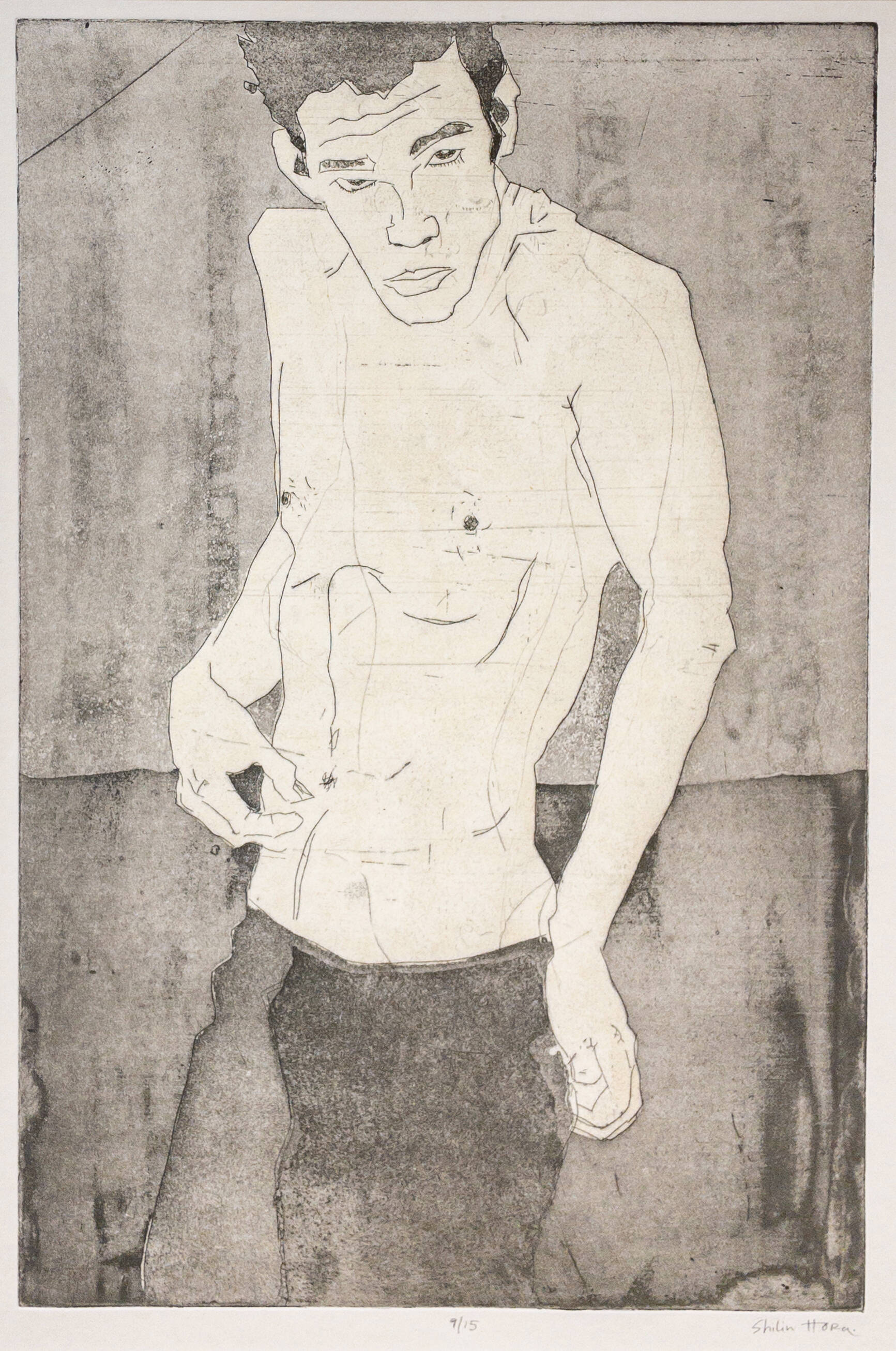Black and white print of a standing, shirtless man.